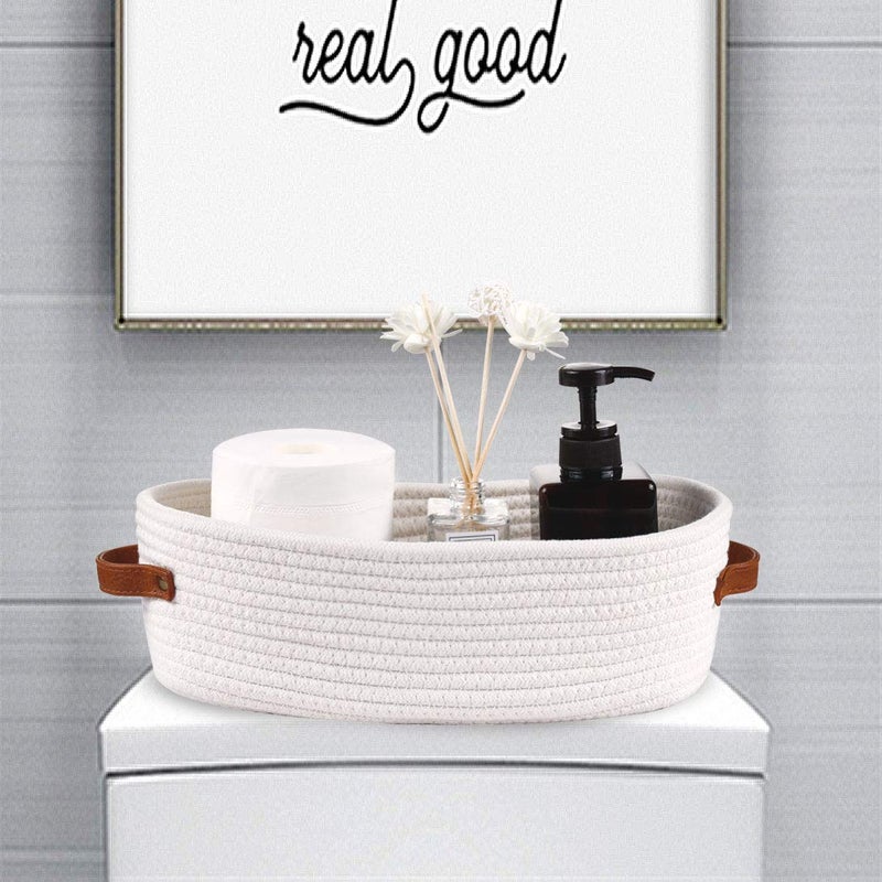 Oradrem Woven Storage Basket for Toilet Tank Top Farmhouse Home Decor Organizing Baskets for Bathroom Table and Counter 13""x5.9""x4"" White - Image 3